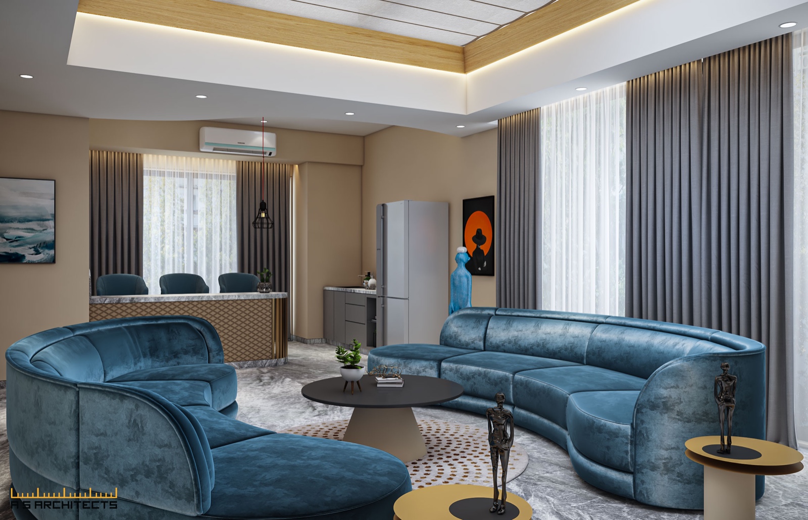 Contemporary lounge area decorated with modern artwork